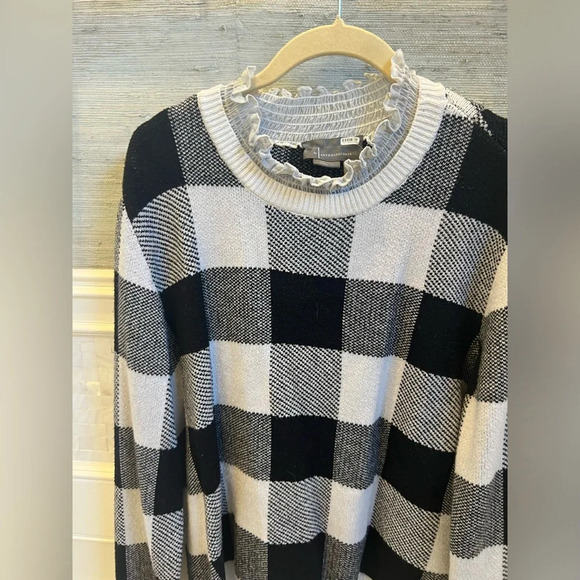 Anthropologie ruffle collar pullover sweater large black white plaid check - Picture 8 of 15